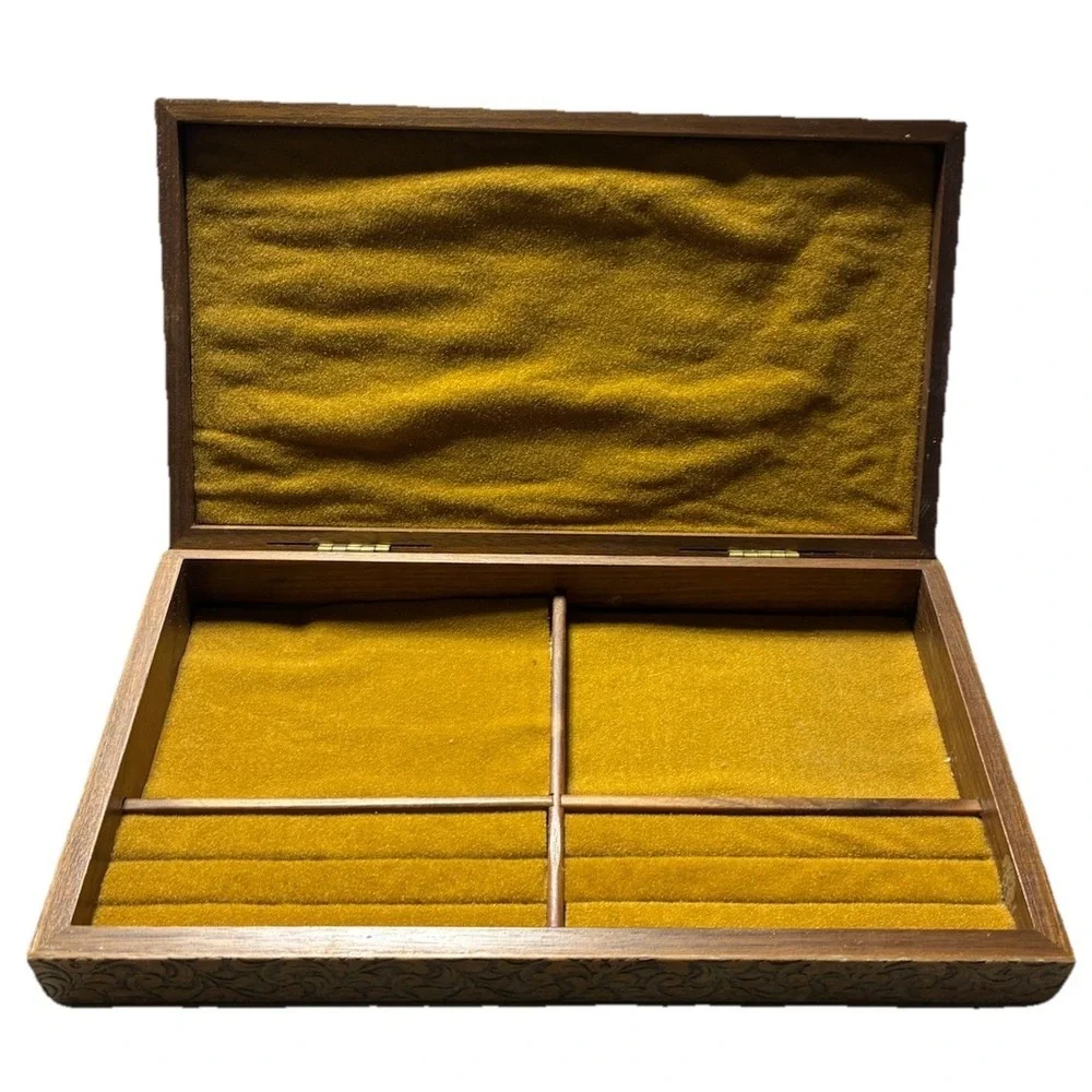Jewelry Box Geometric Wood Carved Side Velvet Mustard Lining Vintage MCM *flaws